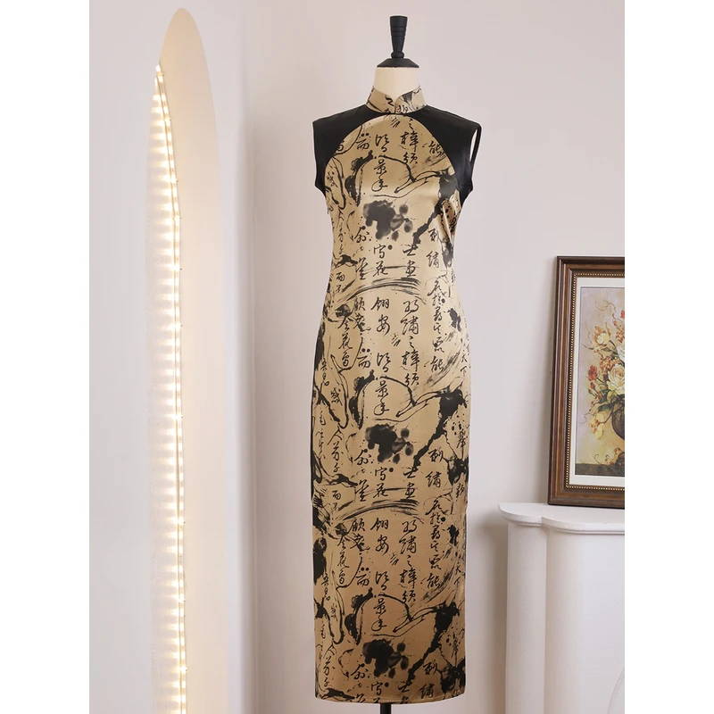 女神姑娘[纸落云烟]香云纱拼接桑蚕丝古法长旗袍N50418-5-55