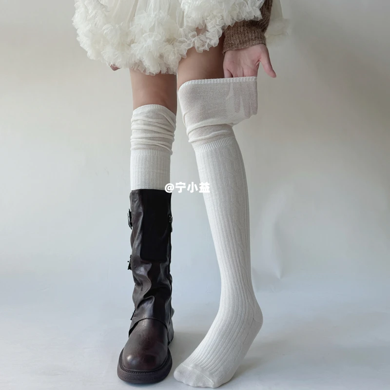 宁小益拼接过膝袜女春秋冬竖条显瘦显高筒堆堆袜美拉德长筒靴子袜