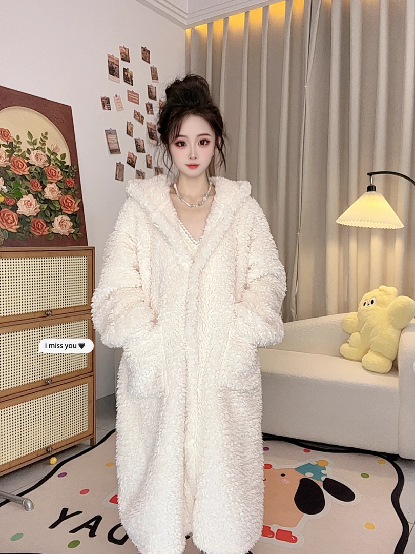2025新款泡泡绒泰迪绒加绒加厚长款睡衣套装家居服可外穿简约风