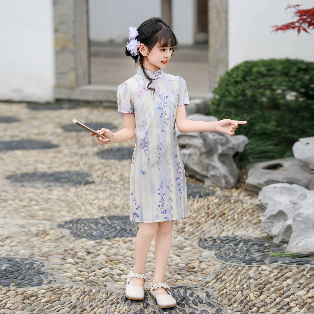 女童旗袍薄款夏季条纹紫色显瘦公主洋气复古气质古风民国日常短袖