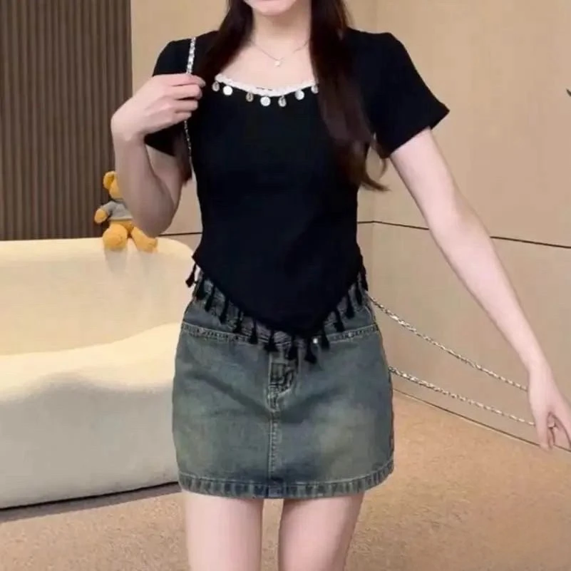 韩系圆领流苏百搭t恤春季穿搭纯欲风修身高级纯欲慵懒风女装上衣