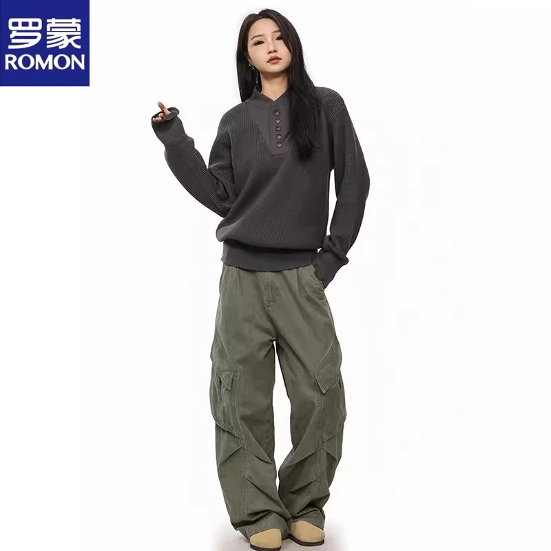 罗蒙美式重磅复古毛衣男女秋冬款简约慵懒加厚毛线衫外套士针织衫