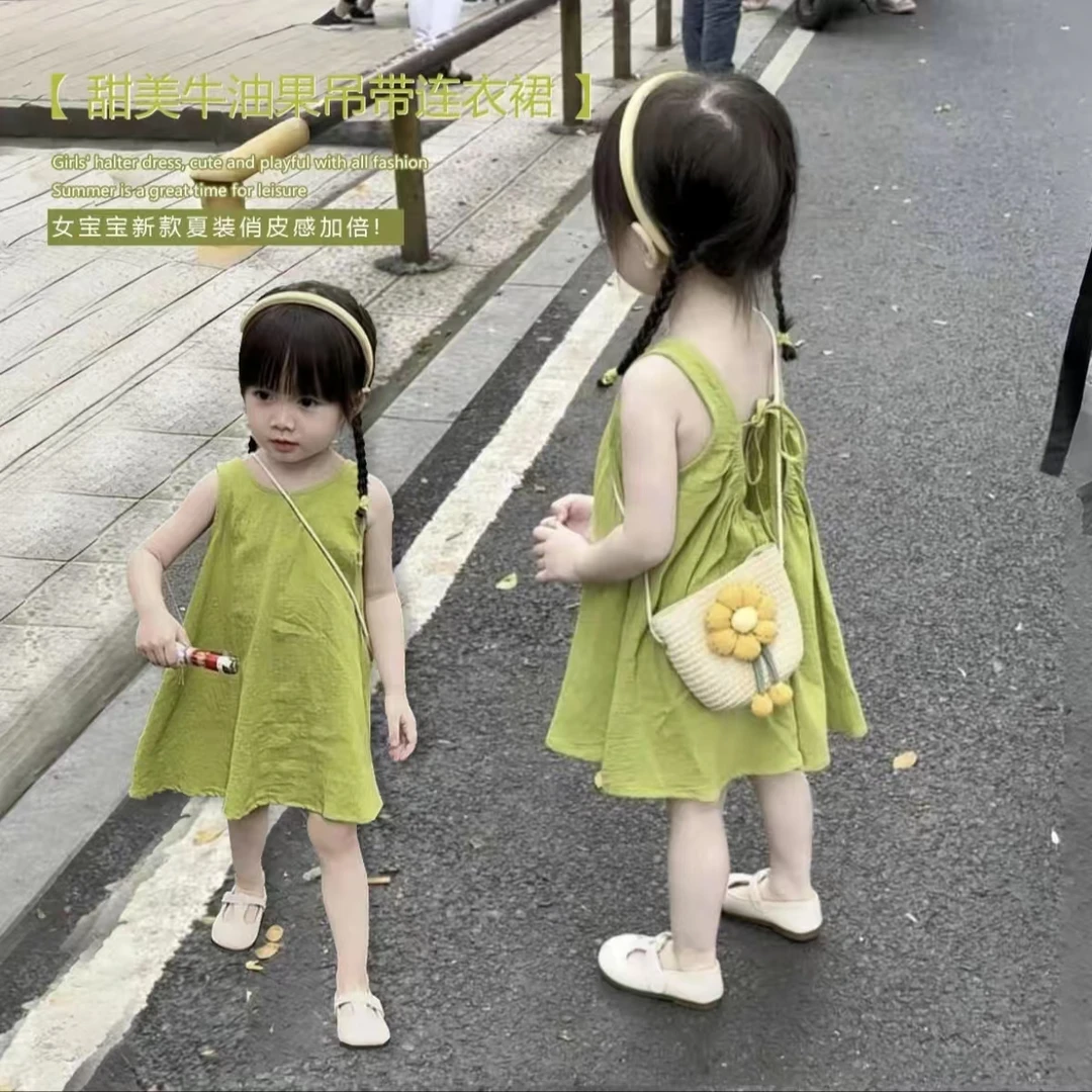 韩系女童连衣裙夏季洋气儿童时髦棉背心裙女宝宝小清新绿色裙子