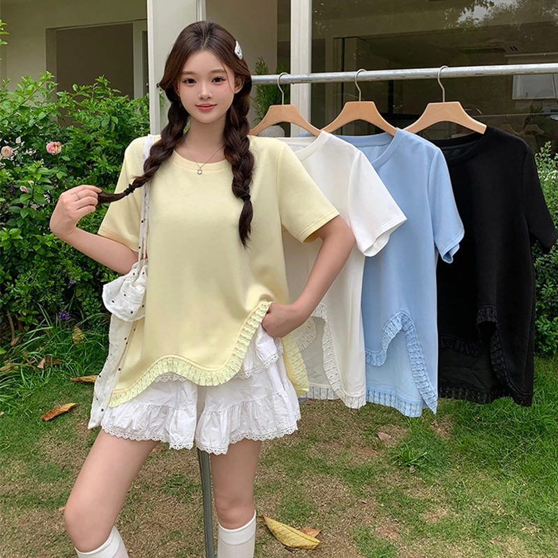 芷蕾大码短袖上衣夏装宽松胖妹妹波浪木耳边不对称正肩宽松T恤女