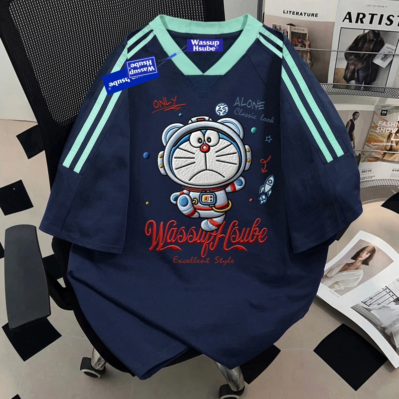 WASSUP HSUBE卡通动漫小众情侣短袖T恤夏季男女重磅宽松V领上衣潮