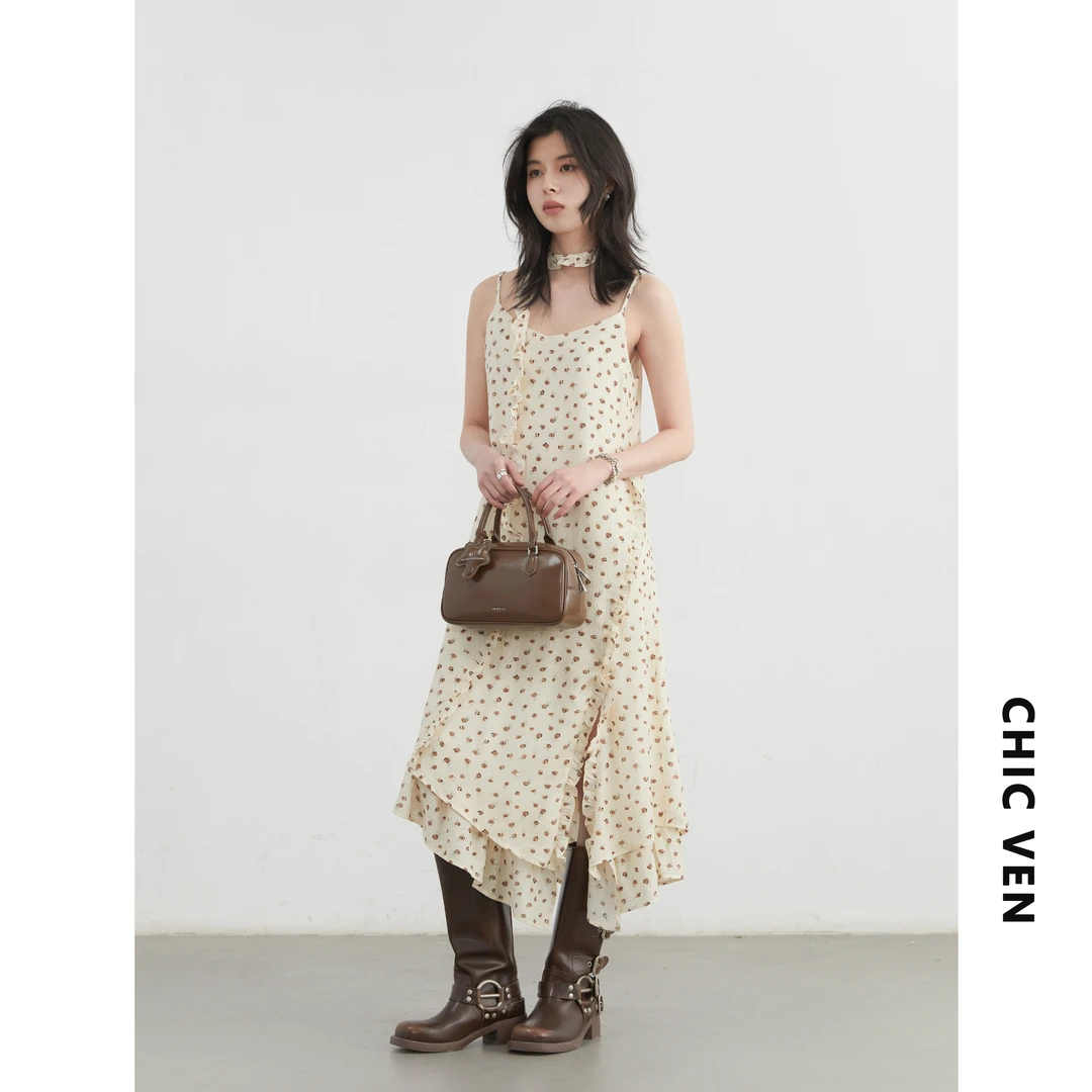 韩系设计感碎花无袖连衣裙不规则裙摆吊带裙女125CLYQ0248