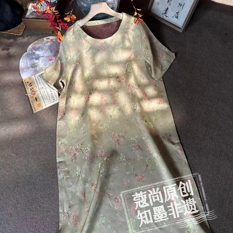 秋季新款新中式国风宽松显瘦圆领花萝花团锦簇提花连衣裙