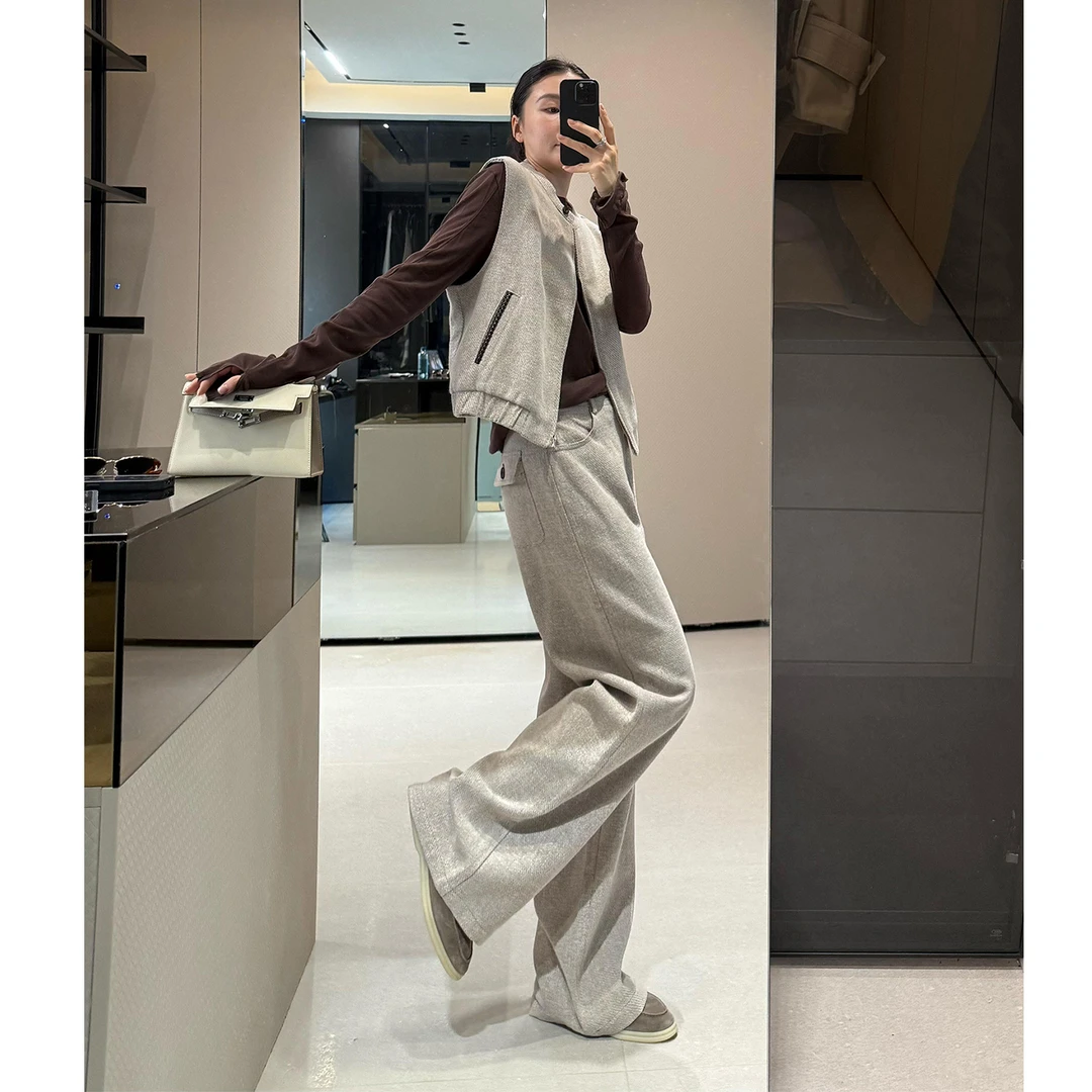 入秋穿搭一整套女2025年秋简约时尚灰色圆领百搭马甲阔腿裤两件套