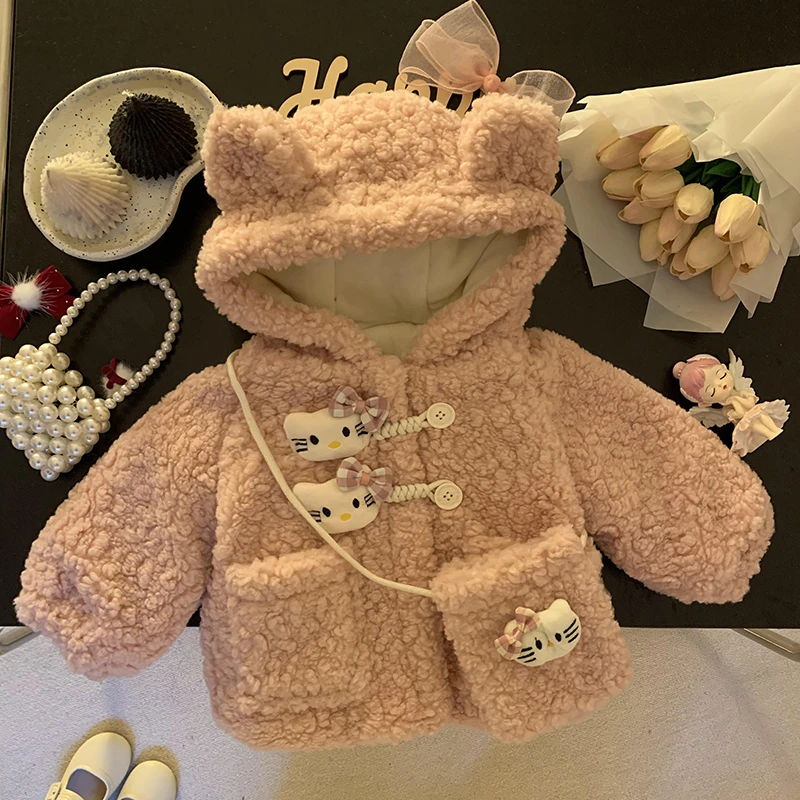 童装女童2024新款冬装女宝宝加绒加厚毛毛衣外套小童连帽棉衣棉服