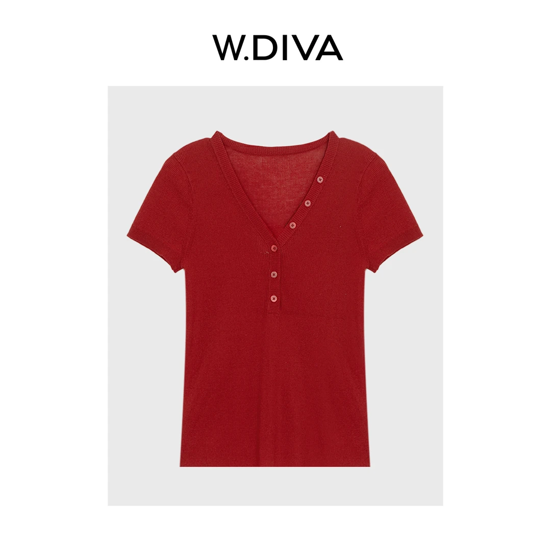 W.Diva【红玫】扣饰百搭深门襟V领短袖针织衫纯欲慵懒风女52Z252526