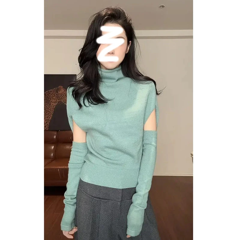 蝙蝠袖收腰圆领针织衫女秋冬新款带袖套上衣