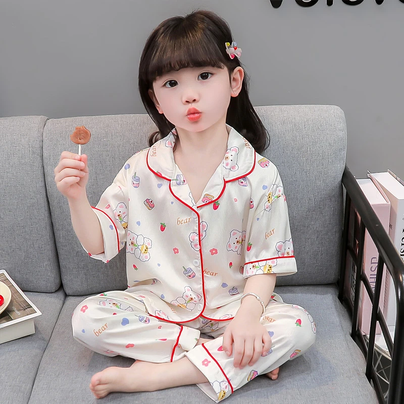儿童睡衣女童夏季短袖长裤薄款冰丝可爱卡通小女孩家居服开衫套装