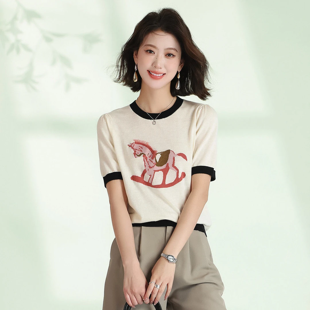 【达人】赛兔含桑蚕丝T恤女减龄百搭卡通提花针织短袖T恤221251011