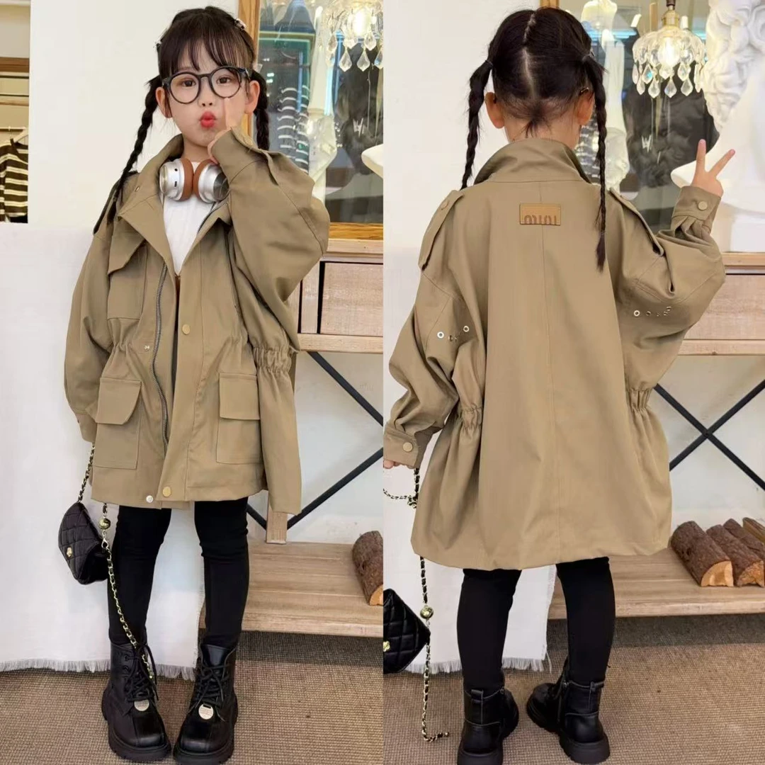 女童2025秋装新款立领风衣韩版中大童时尚休闲洋气宽松时尚三件套