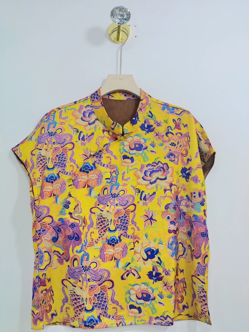 夏季气质时尚提花飞袖斜襟盘扣休闲衬衣