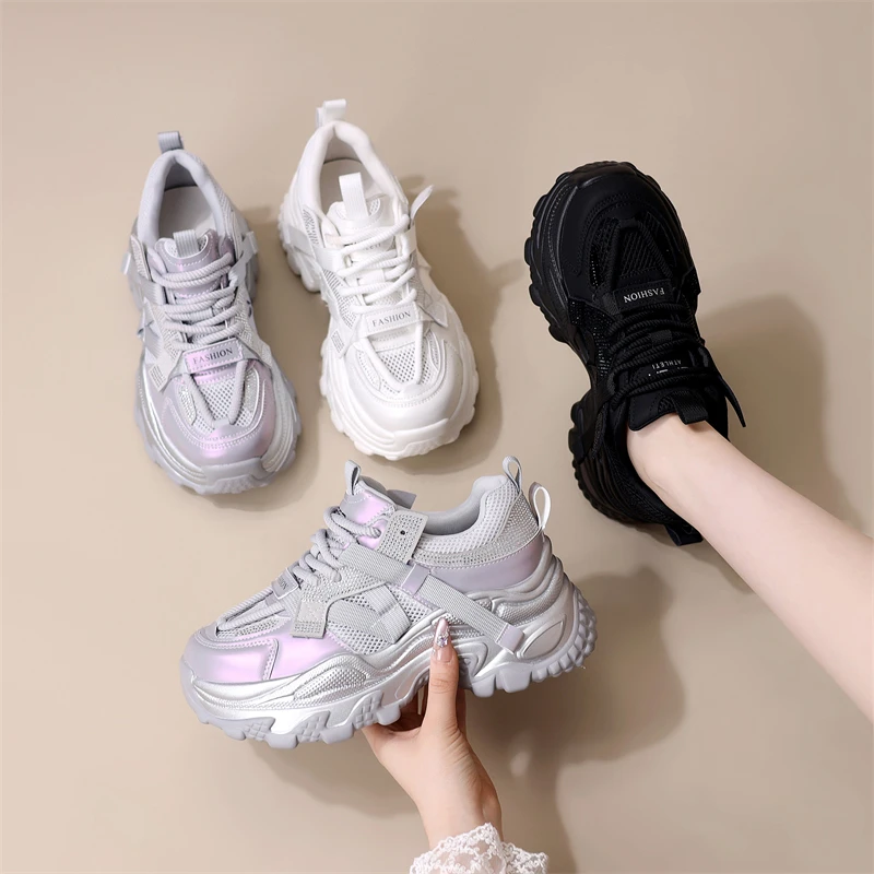 2025春秋季新款网面增高老爹鞋女士厚底高跟透气爆款休闲运动鞋