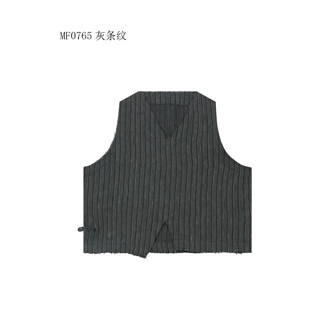 【麻訪家】MF0765灰条纹复古盘扣设计感百搭马夹上衣