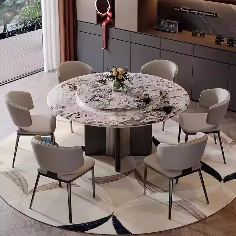 天然大理石餐桌意式轻奢高级巴西进口雪山飞狐带转盘圆形奢石餐桌