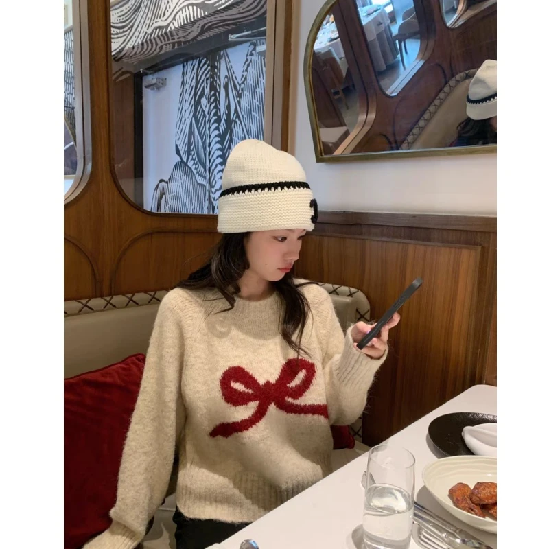 韩系蝴蝶结针织加厚秋冬毛衣百搭气质女