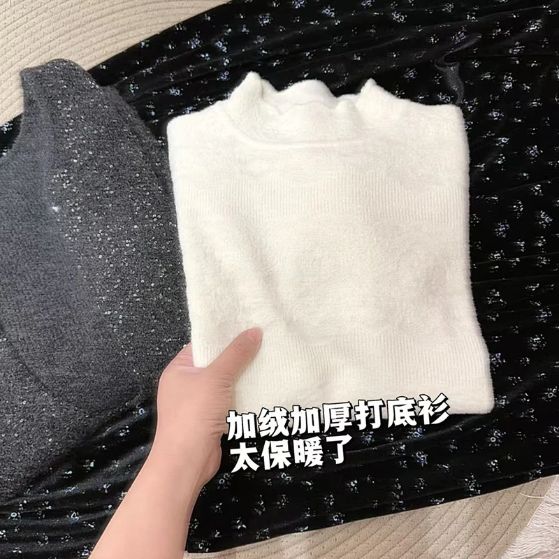 半高圆领磨毛毛针织衫打底衫加厚套头毛衣加绒衫时尚纯色秋冬新款