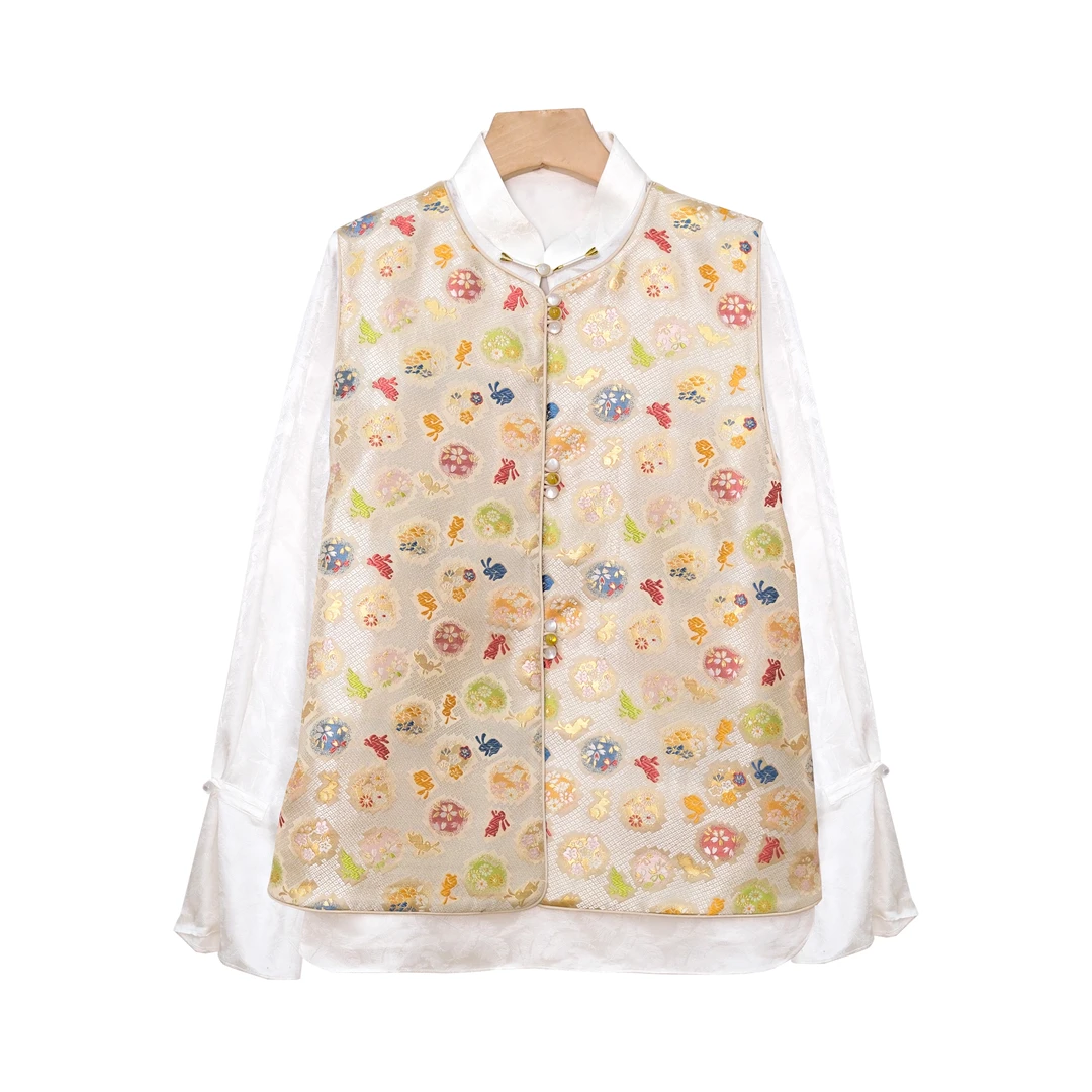 【月兔】桑蚕丝贡缎 中式马甲两件套· 23M0220+23S0220-02