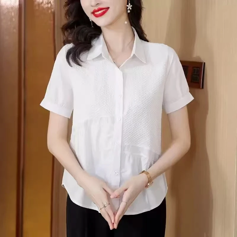 3731大码胖MM时尚百搭简约轻职风格设计感短袖衬衫上衣2615