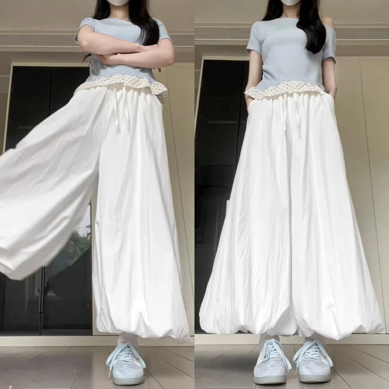 白色花苞裙裤女夏季2025新款宽松显瘦灯笼裤小个子垂感休闲阔腿裤