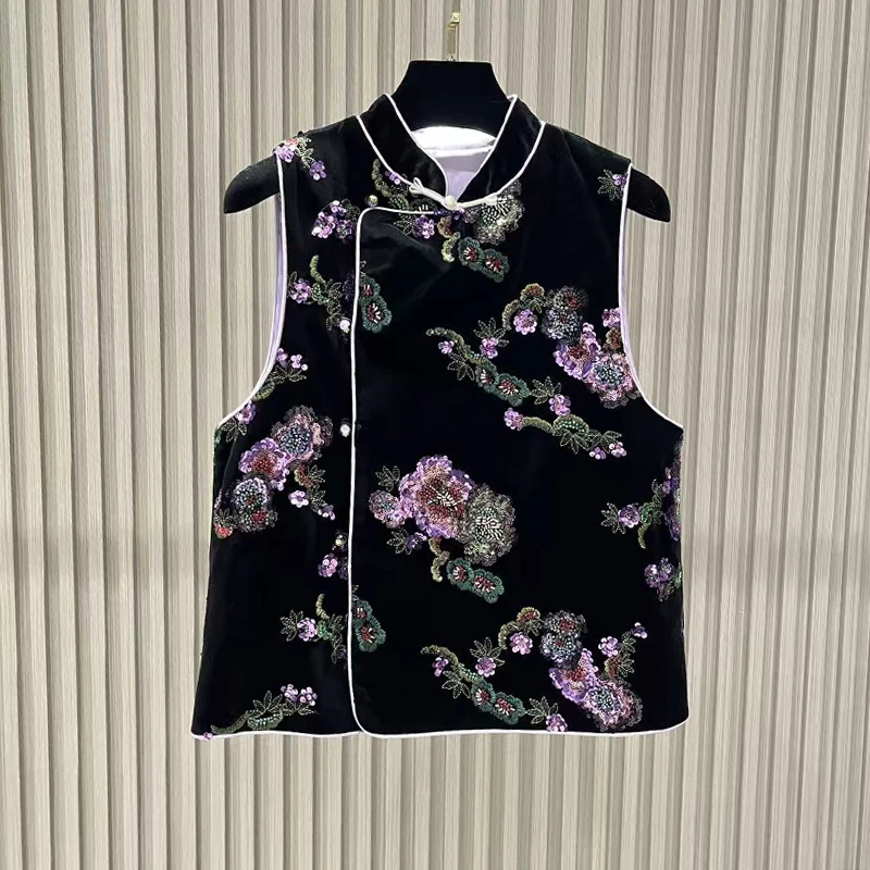 新中式国风女2026冬季新款复古盘扣重工提花刺绣立领国风马甲上衣