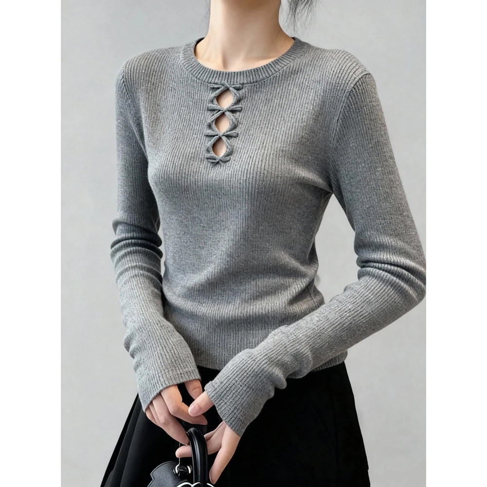 秋冬独特复古灰色镂空毛衣针织打底衫女内搭掐腰显瘦绝美长袖上衣