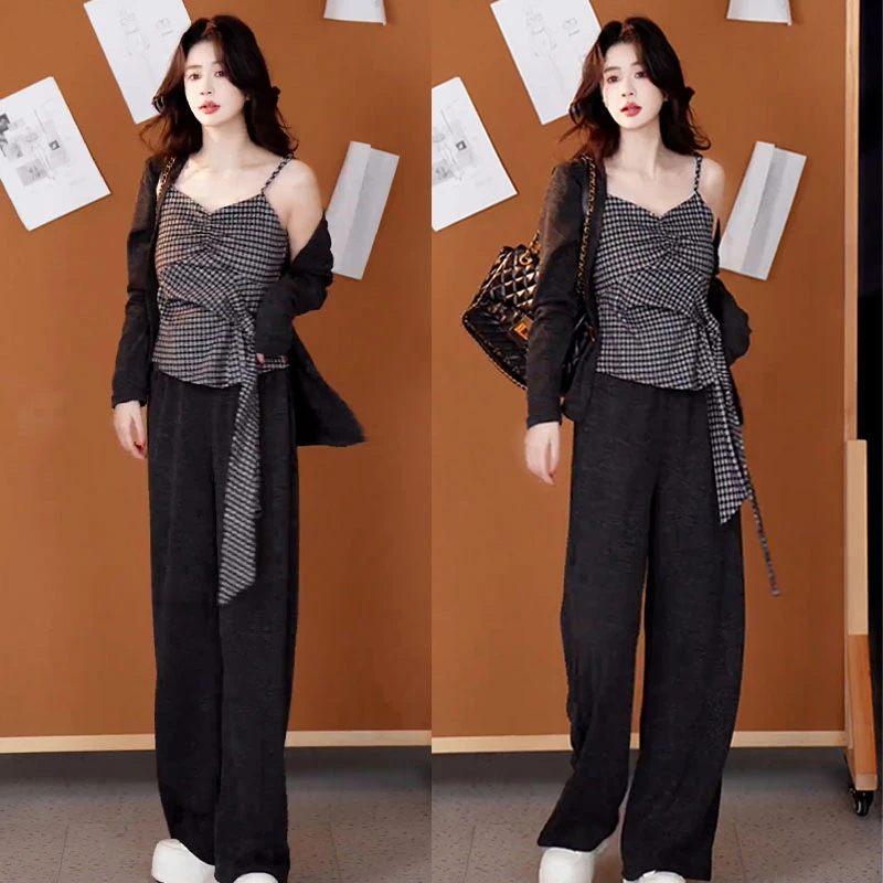 2025秋季新款时尚套装女设计感小众格子吊带针织开衫阔腿裤三件套