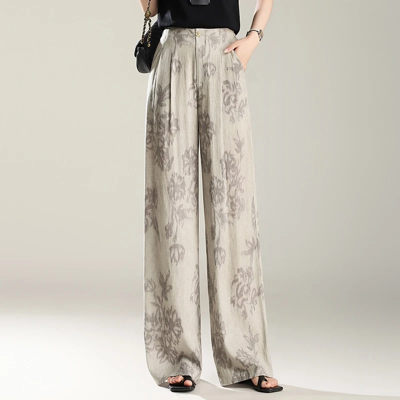 品牌2025夏季新款休闲裤子高腰显瘦薄款水墨印花垂感直筒阔腿裤女