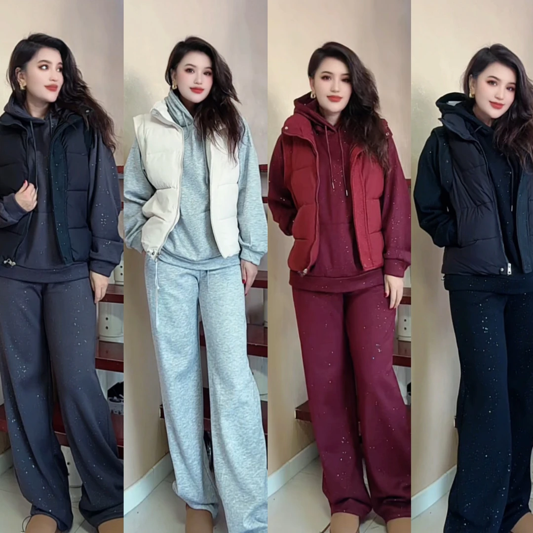 女士美式运动连帽外套阔腿裤套装洋气时髦休闲风三件套套套装包邮