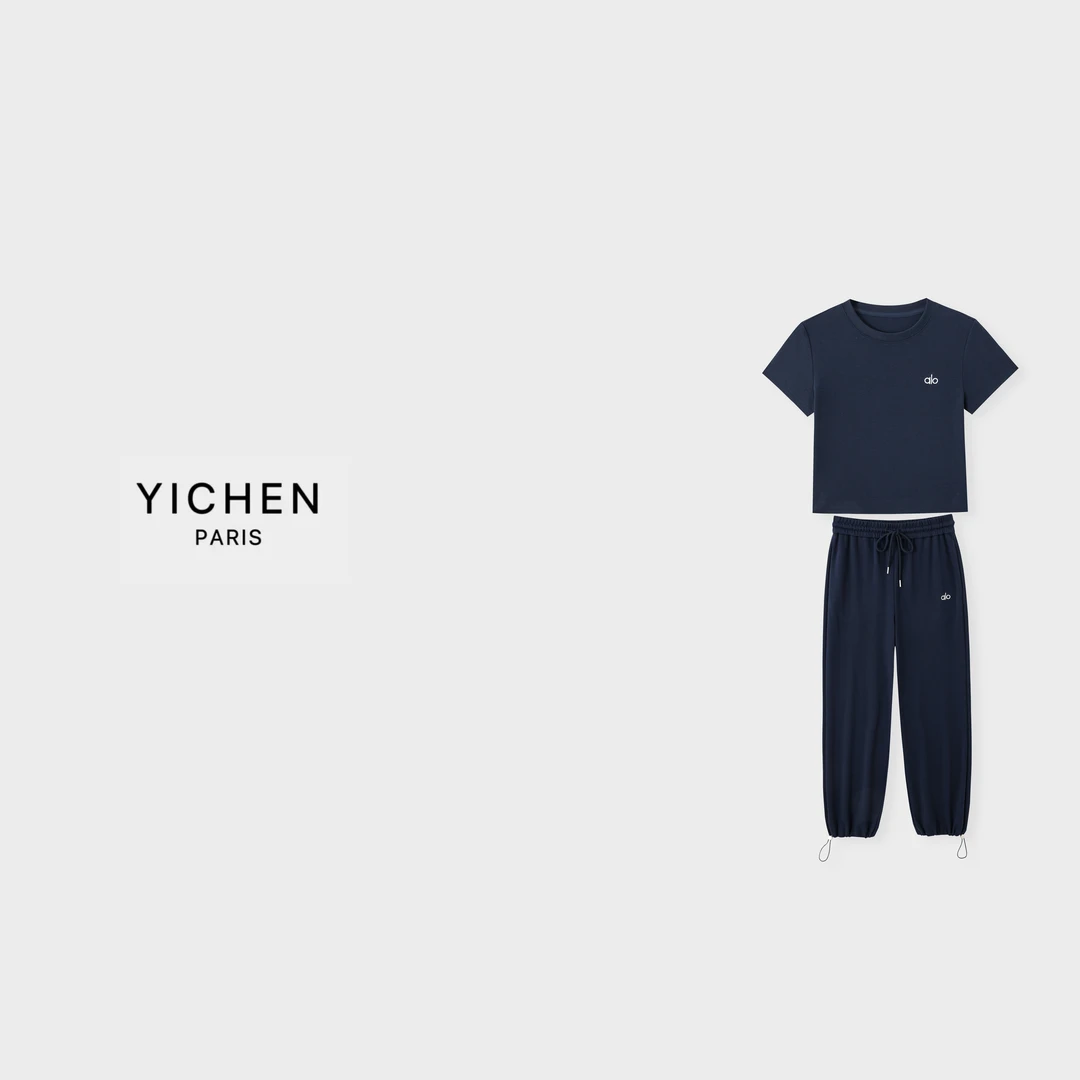 YC 藏蓝色字母徽标正肩短T恤/字母徽标抽绳可两穿运动休闲裤-3459