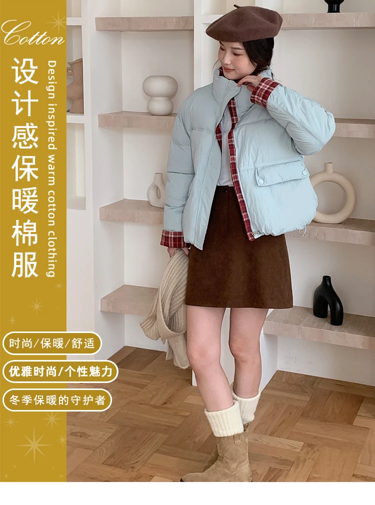 2025高级感短款外套女冬复古格子拼接假两件加厚面包服胖妹妹棉服