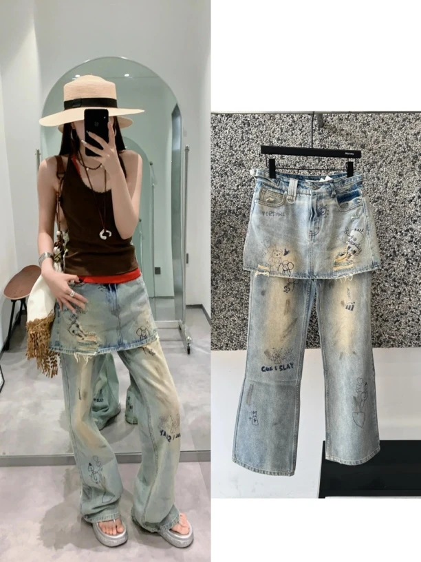 现货秒发FOR蝶25秋季新品假二件趣味圆珠笔涂鸦牛仔裙裤