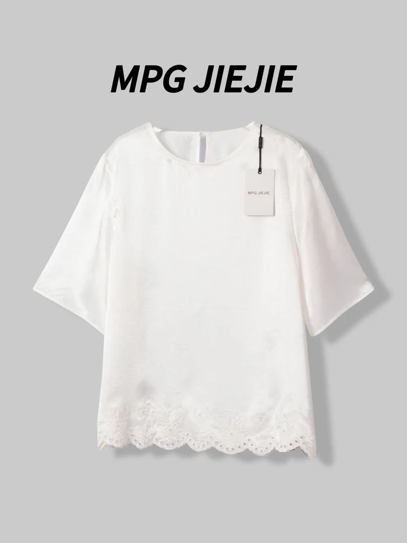 MPG JIEJIE【微风来信】25夏季蕾丝短袖白色时尚醋酸薄款衬衫