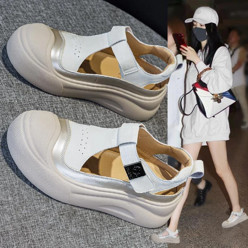 包头罗马运动凉鞋女夏季2025新款超火小白鞋镂空厚底增高透气单鞋