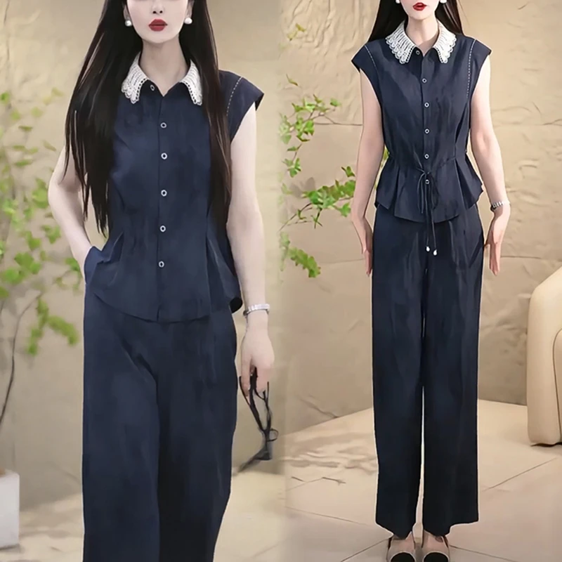 时尚套装女2025夏季蕾丝翻领短袖衬衫阔腿裤两件套M183