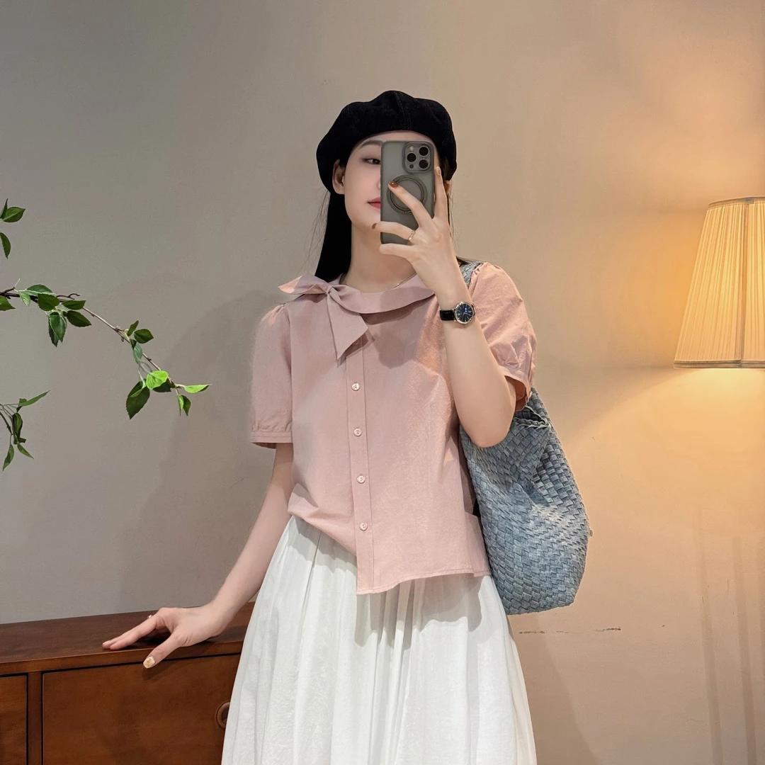 韩系时尚百搭宽松简约舒适纯色圆领衬衫长袖-J25106308
