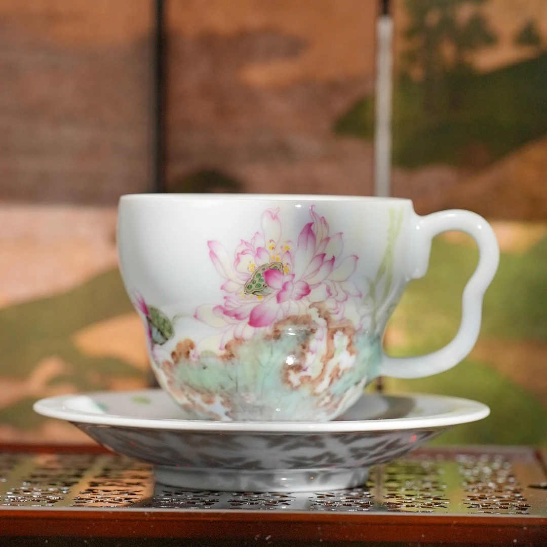 元煦丨粉彩写意荷花对杯葫芦咖啡杯家用景德镇陶瓷纯手工手绘茶杯
