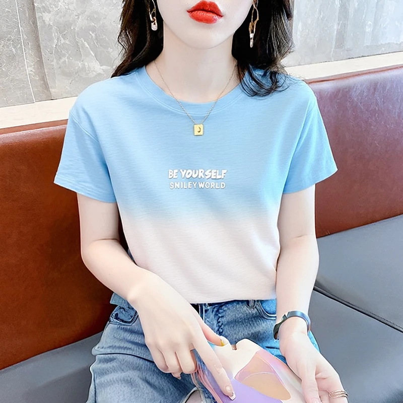 短袖t恤女渐变色纯棉女士体恤夏季减龄百搭新款上衣宽松高档女装