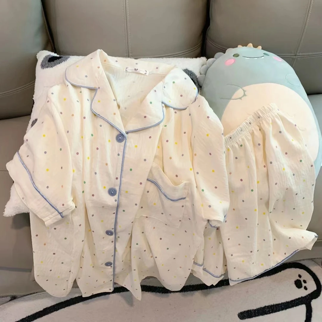 『小圆点』短袖三件套夏季新款ins简约彩色睡衣女可外穿宽松居家服