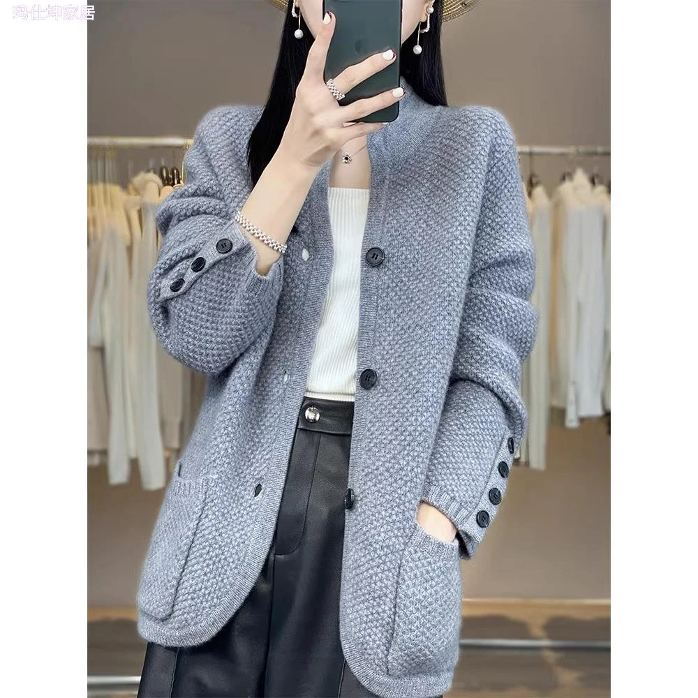 鄂尔多斯市特价专柜清仓撤柜立领羊绒开金丝羊毛混纺立领针织开衫