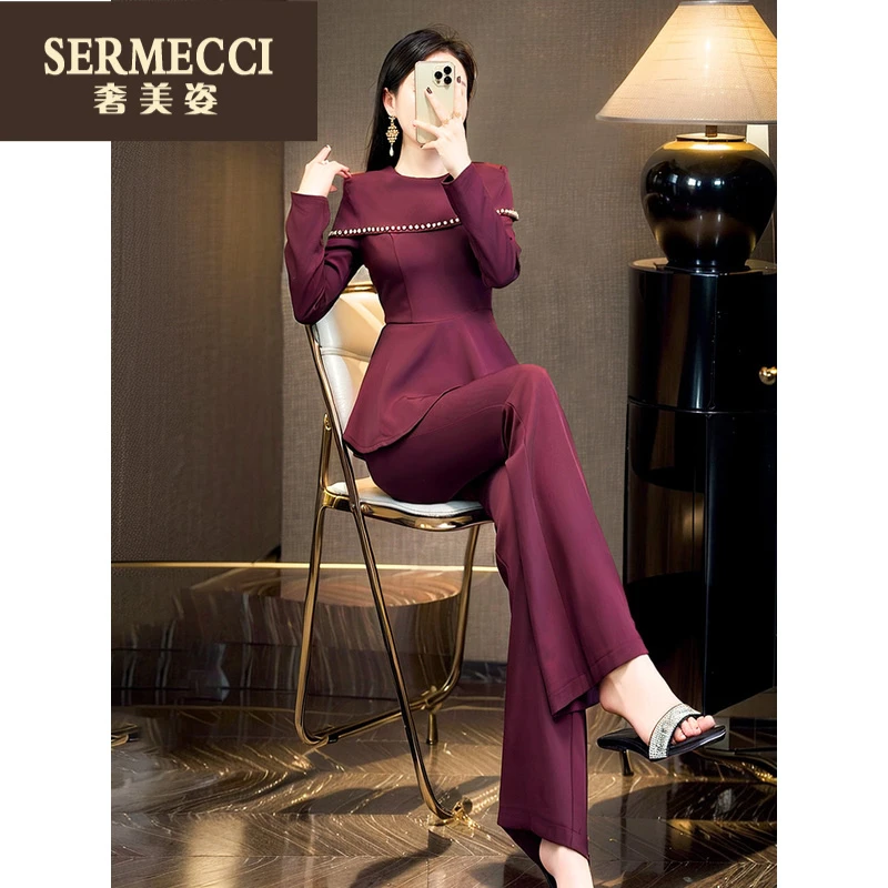 奢美姿2025春秋轻熟风高级套装女安哥拉红收腰上衣西装裤两件套