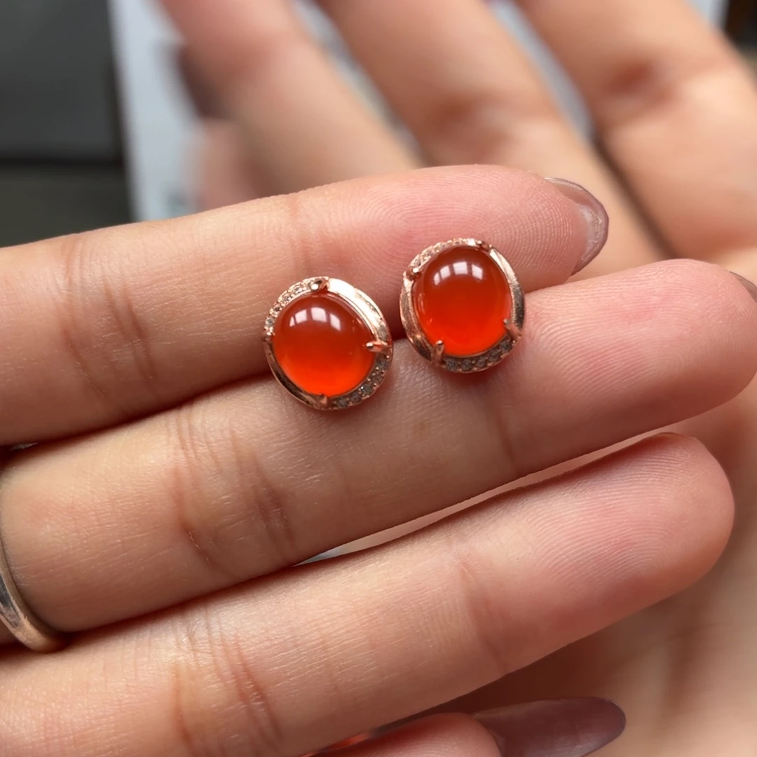 南红玛瑙银S925镶嵌耳钉原矿保山南红耳钉小庄冰红