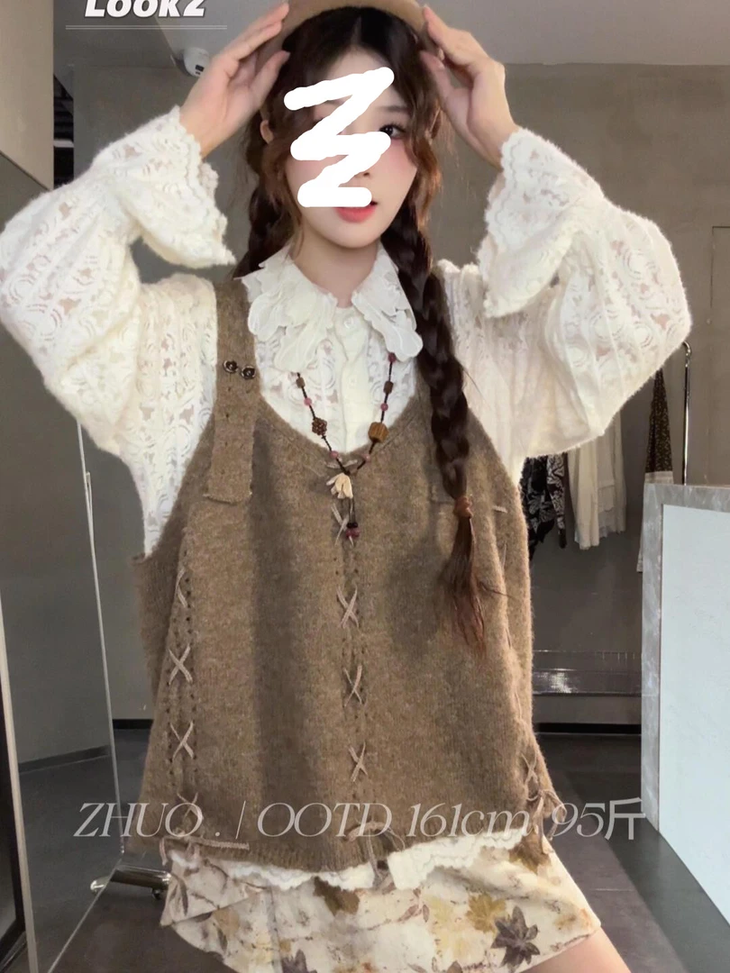 韩系早秋穿搭套装气质钩花镂空花边长袖衬衫女叠穿针织马甲两件套