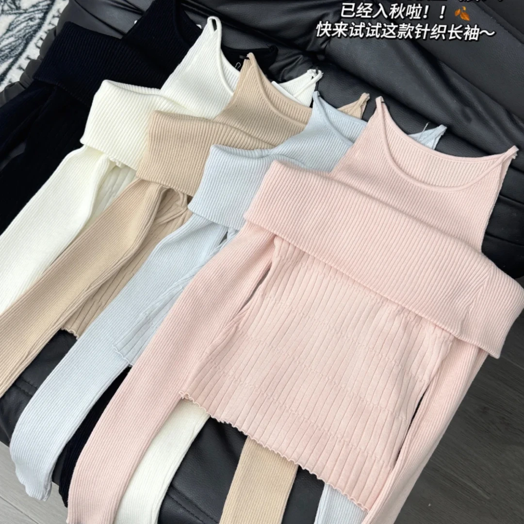 秋冬韩系假两件ins风一字肩坑条上衣女士长袖打底衫圆领套头纯色