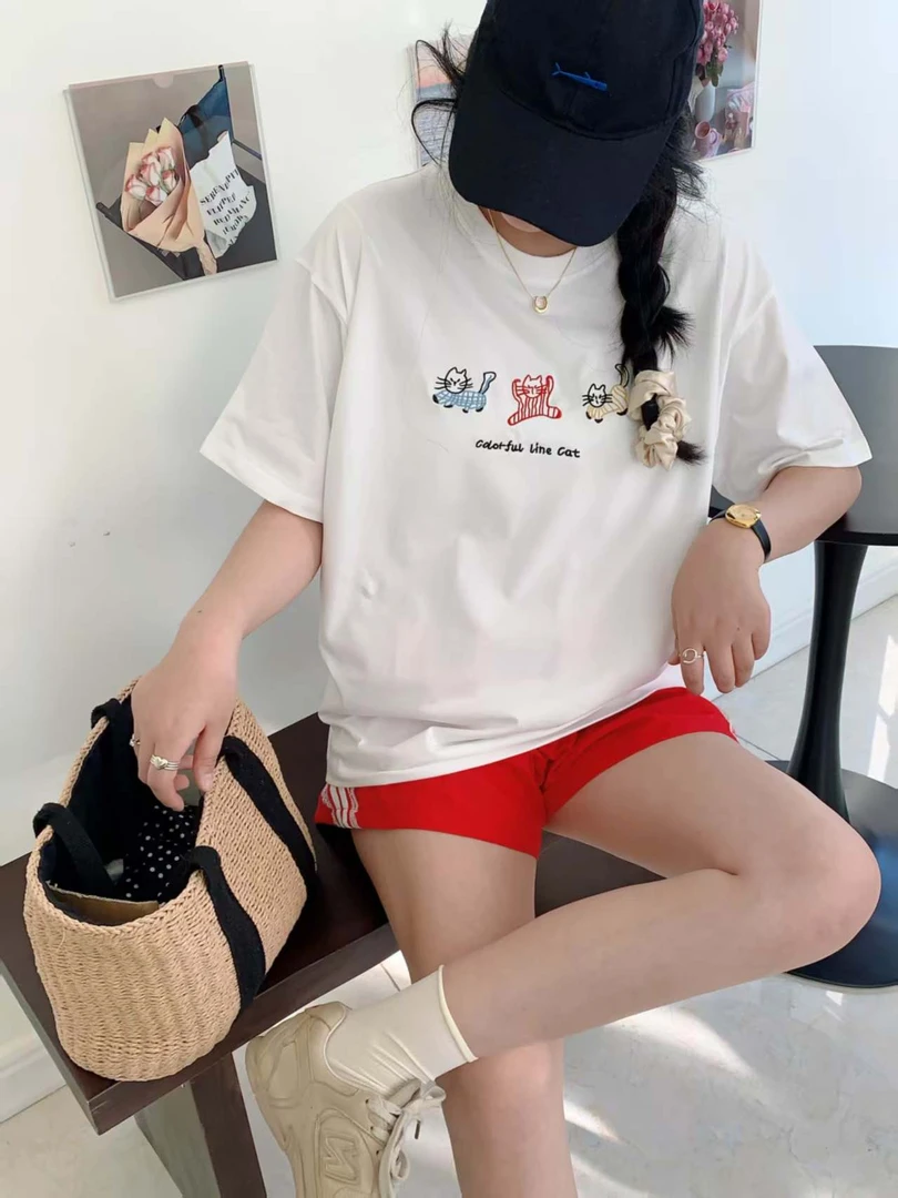 新款2025休闲3只可爱小刺绣猫咪半袖