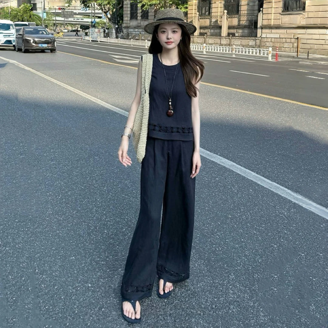 时尚套装女2025夏季新款时髦洋气减龄显瘦无袖上衣阔腿裤两件套潮