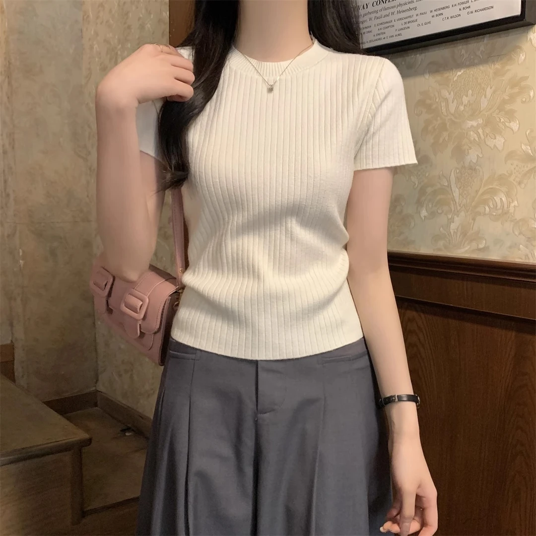 气质坑条圆领打底上衣女2025夏季正肩显瘦短款内搭针织短袖T恤